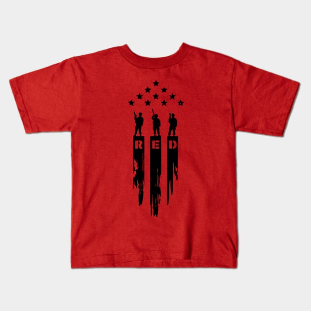 RED Remember Everyone Deployed Three Soldiers Black Print Kids T-Shirt by Pufahl
